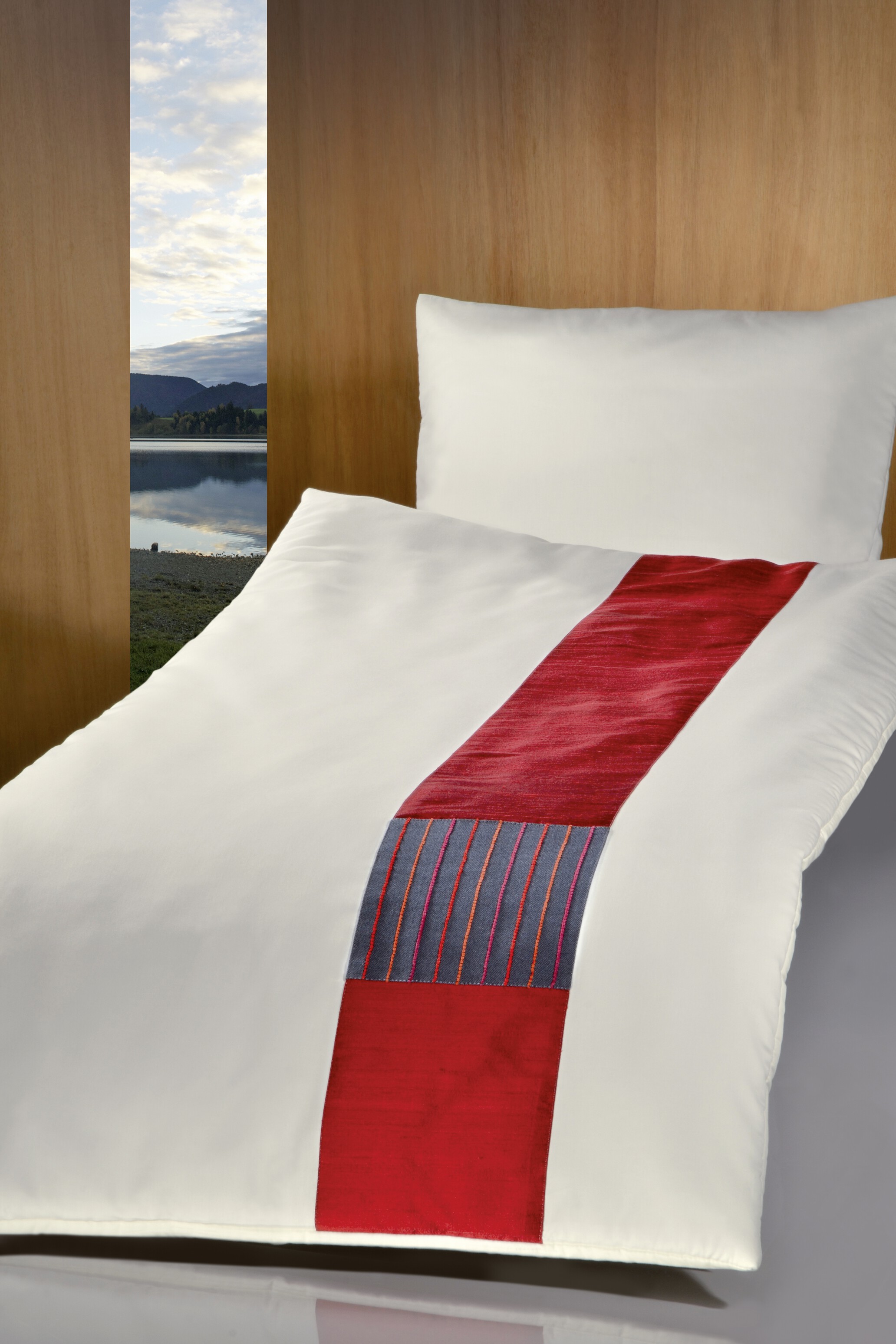 Deckengarn. 011381 tv Jupiter, Übergröße, elfenbein, roter Seidenstreifen, Handwebstoff dunkelgrau/r