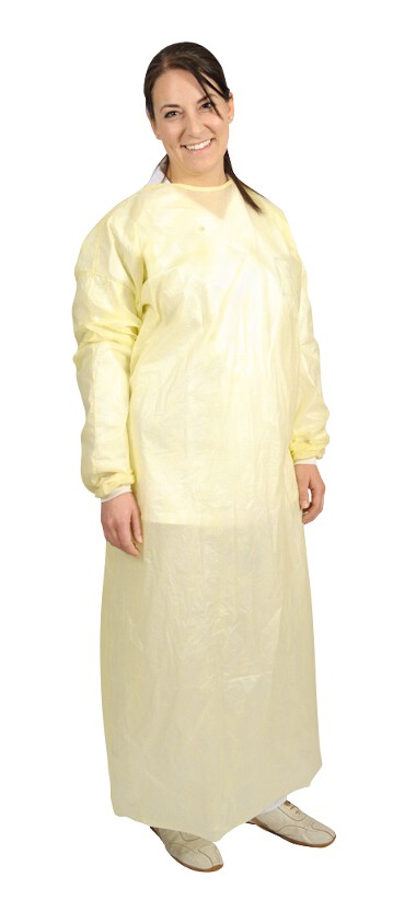 Packung Schutzkittel mit Nässeschutz, gelb. Strickb., U: 150 cm, L: 140 cm, 10 St./Pack.