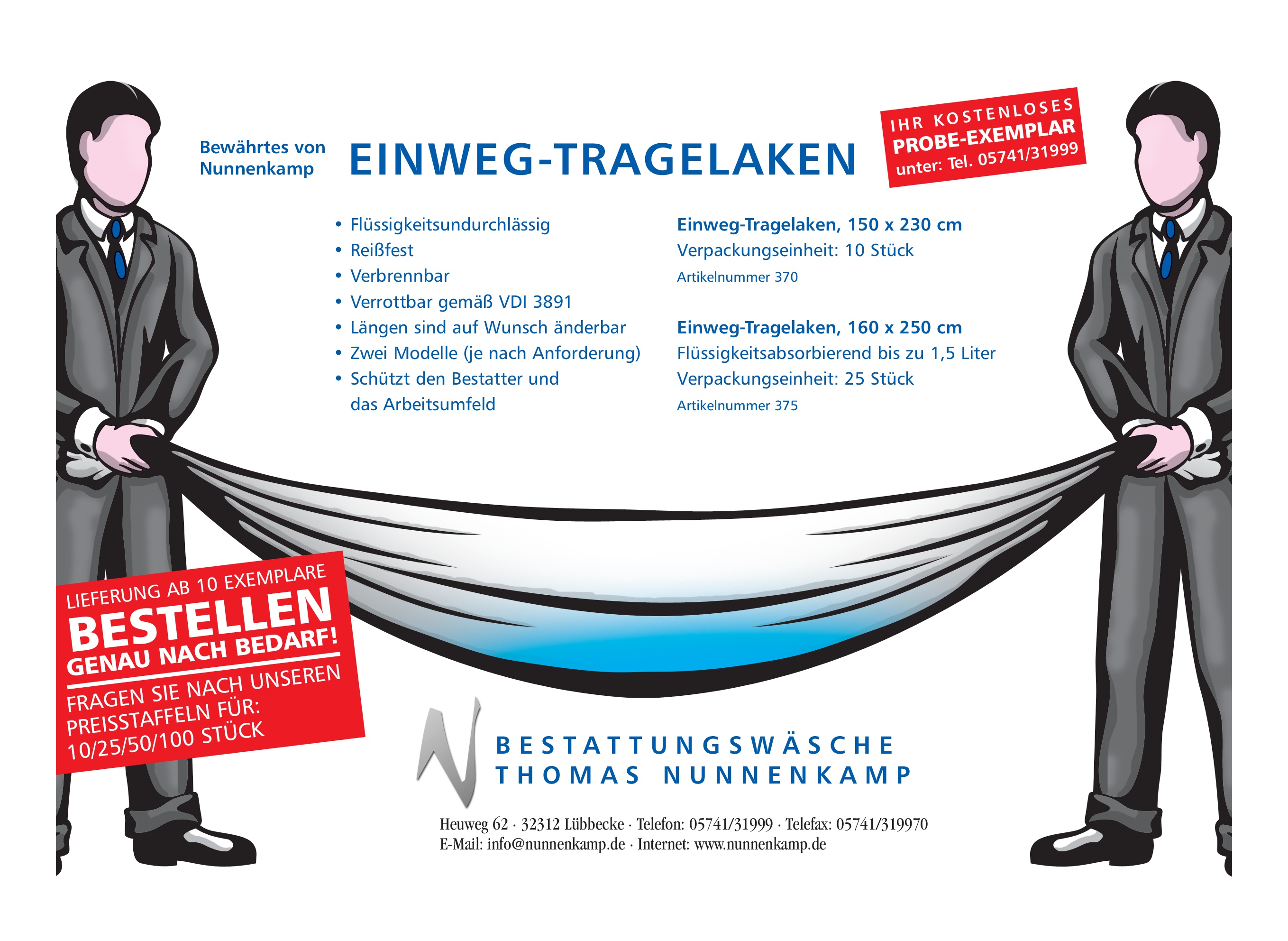 Einweg-Tragelaken 370 Probe-Exemplar, rückstandslos verbrennbar gemäß VDI 3891