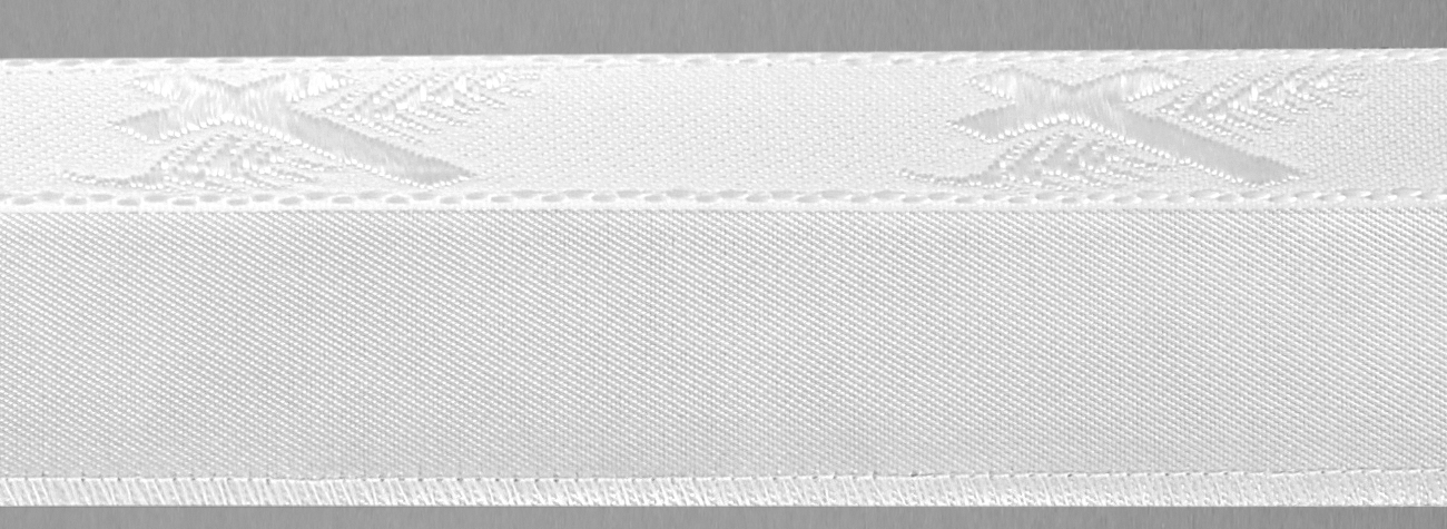 Meter Steg, Serge weiß, beids.abgekett., Vlies hinterl.+angenähtem Lotband Kreuz/Palme weiß (á 100 m