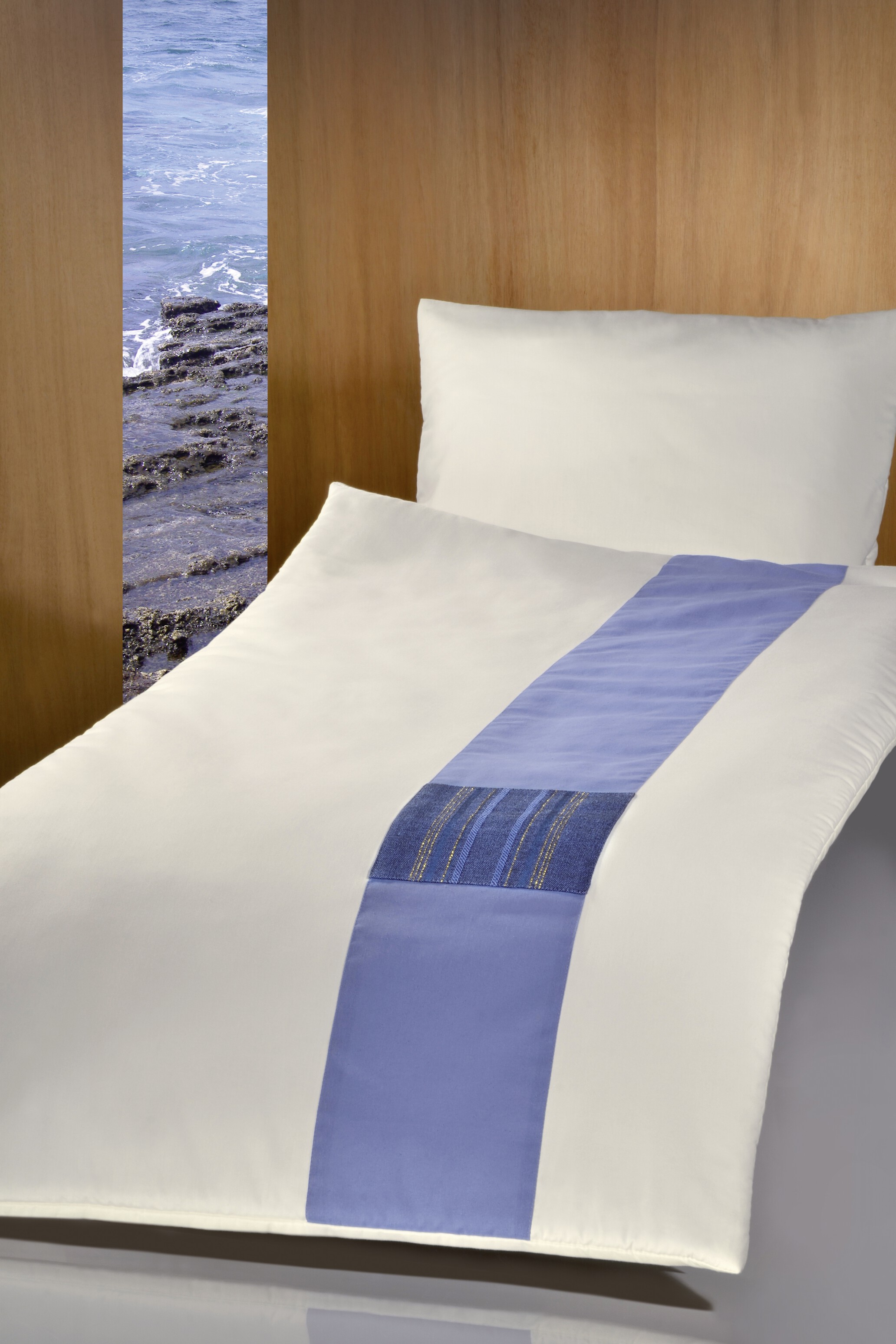 Deckengarn. 011384 tv Jupiter Übergröße, elfenbein, blauer Baumwollstreifen, Handwebstoff himmelblau