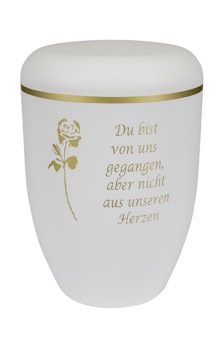 Urne 1501b T01 lrgg weiß, Goldrand, Rose und Text