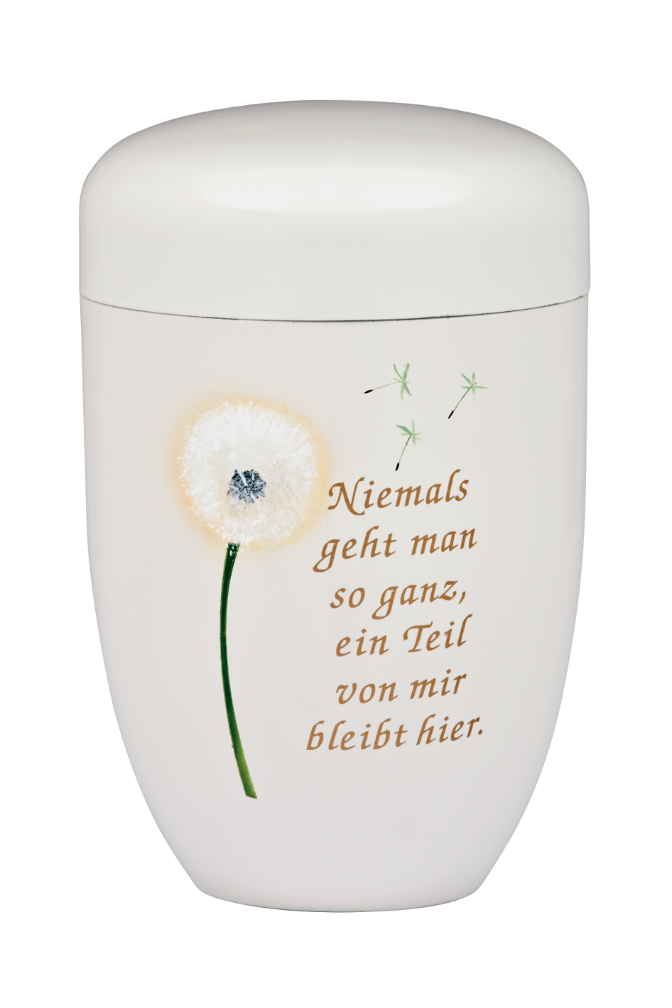 Urne 3601-T4 Stahl, altweiß, "Pusteblume", Trauertext